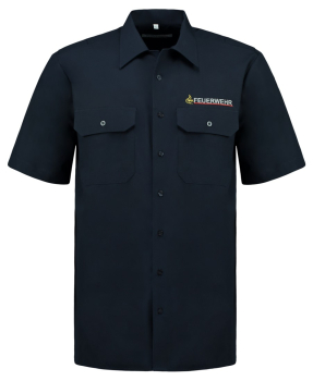 Das marine farbene kurzarm Feuerwehr Diensthemd ist geradlinig geschnitten, bestickt mit Sauferlöwe+Stick Feuerwehr
