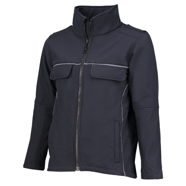 Die marine farbene Softshelljacke besteht aus 100% Polyester, ist regular geschnitten inkl. silberner biese Größen von XS bis 4XL